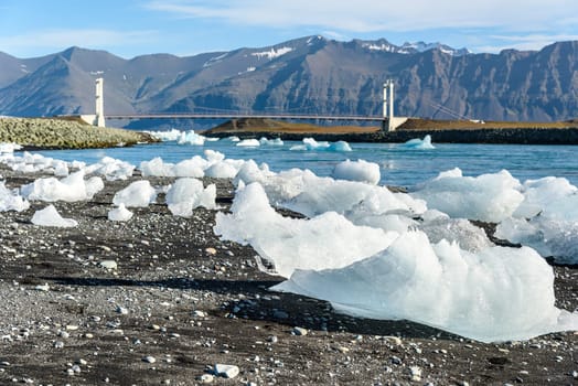 Beautiful view of icebergs in Jokulsarlon glacier lagoon, Iceland   selective focus