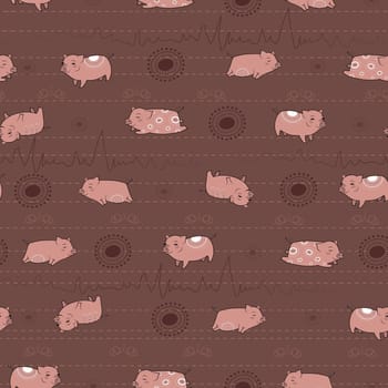 Happy pink piggies with white patterns and brown background. Vector Seamless Pattern