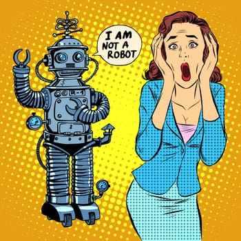 Science fiction horror robot woman panic pop art retro style. Science and technology. Robotics and machines. The world of computing. Artificial intelligence