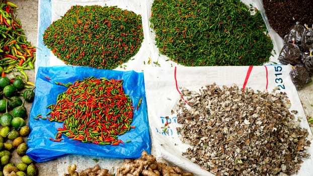 chili and spice organic vegetables at fresh local market in Luang Prabang, Laos
