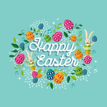 Happy Easter retro text label with colorful spring nature decoration elements, hipster bunny and painted eggs. EPS10 vector.