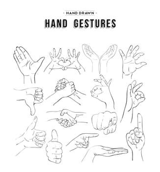 Handmade sketches set of hand gesture signs. Universal social communication icons. EPS10 vector.