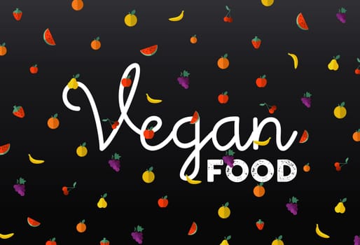 Flat style fruit icons with vegan food text label, concept design. EPS10 vector.