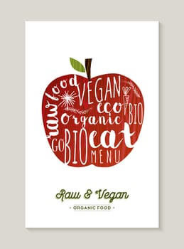 Organic red apple concept retro illustration design with vegan and vegetarian food themed texts. EPS10 vector.