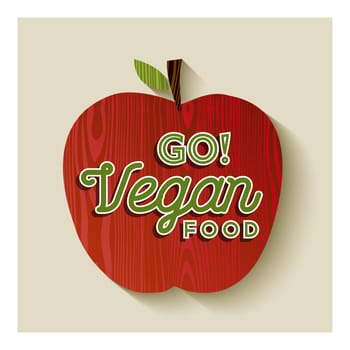 Red apple on wooden texture with go vegan food text concept illustration. EPS10 vector.