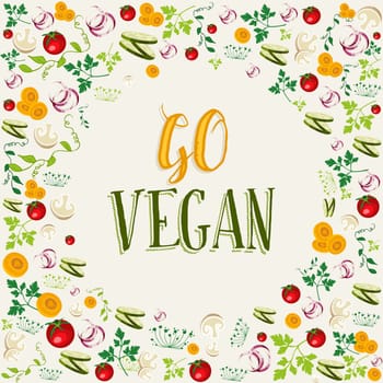 Colorful vegetables and salad ingredients background with go vegan food label text. EPS10 vector.