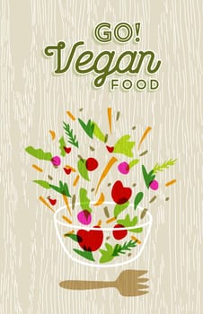 Vegetable salad illustration with vegan food text and wood texture background. EPS10 vector.