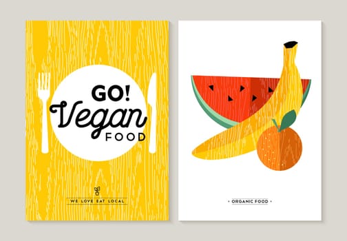 Vegan food concept flat designs for healthy eating. Colorful fruits illustration and kitchen utensil elements. EPS10 vector.