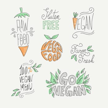 Set of hand drawn vegan food labels with text and doodle fruit decoration