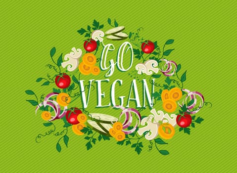 Go vegan, food concept illustration with raw vegetables and nature elements. EPS10 vector.
