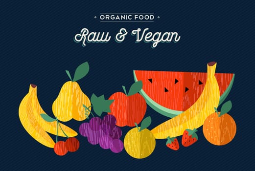 Vegan and vegetarian raw food concept illustration with fruits. Includes apple, orange, banana in flat wooden textured style. EPS10 vector.