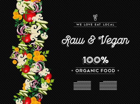 Raw vegan food restaurant menu template design with vegetable and text labels. EPS10 vector.