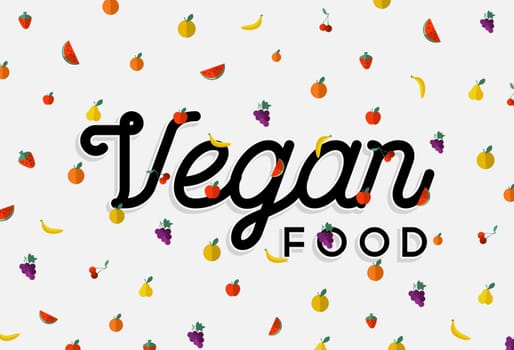 Vegan food concept design with text label and colorful flat art style fruits. EPS10 vector.