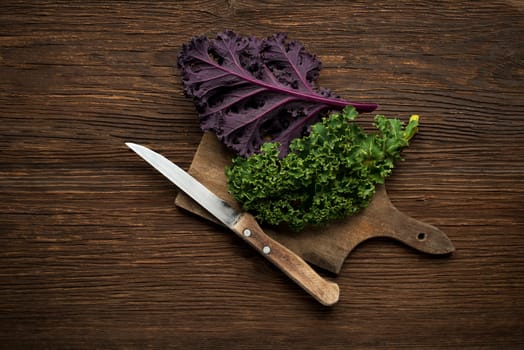 Fresh kale leaf on wooden background close up