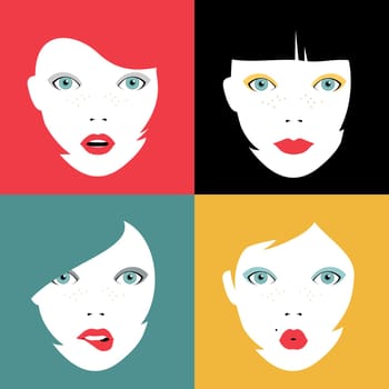 Illustration set of girl faces expressing different emotions. Concept woman portraits with colorful hairstyles and makeup. EPS10 vector.