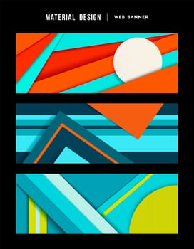 Material design banner set, colorful web illustrations with textures and abstract geometry style decoration. EPS10 vector.