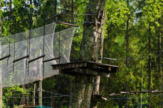 Dangerous ropeway with tether in rope park, trees with green leaves