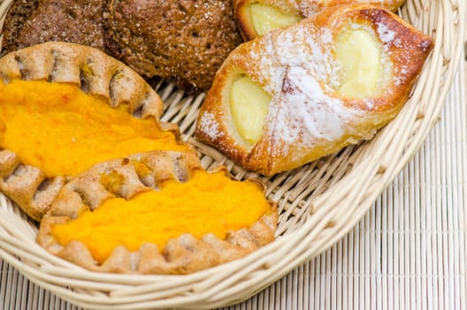 Buns in a wicker basket, close up