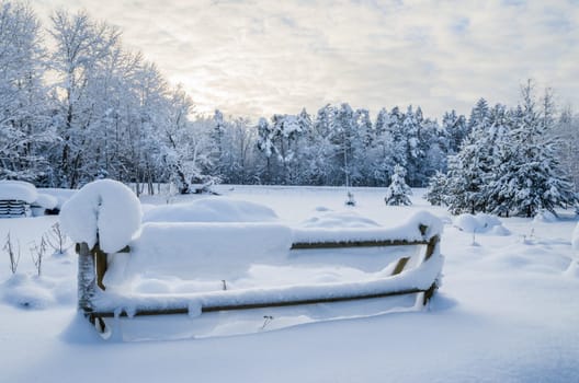Snow-covered landscape in the countryside. Viitna, Estonia