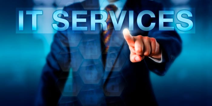 Management consultant pressing IT SERVICES onscreen. Technology concept and business metaphor for the people, policies and structured processes deployed by information technology service providers.