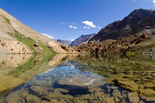 Mountain lake  with the beautiful reflections in water of the surrounding nature and blue sky (Himachal Pradesh, India)