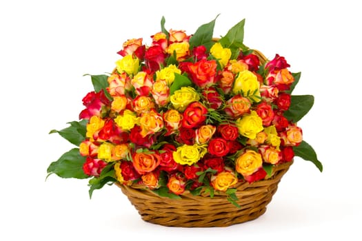 A bouquet of multicolored roses in a basket
