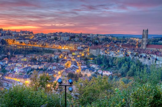 View of cathedral of St. Nicholas and city of Fribourg, Switzerland, HDR