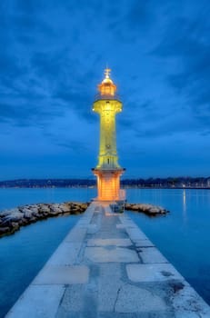 Lighthouse at the Paquis by night, Geneva, Switzerland, HDR