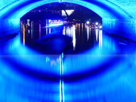 night view of small bridge in center of Riga