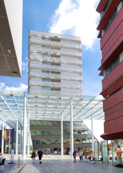 modern wind canopy in almere, netherlands. Its purpose is to protect the shopping people against the cold winds from the lake.