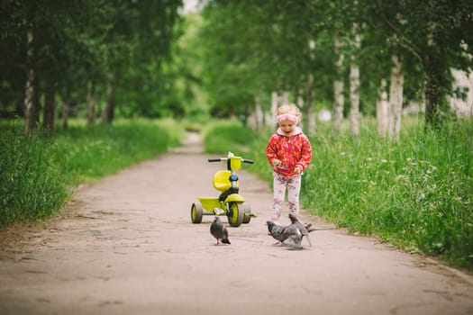the little girl feeds pigeons there is a green bicycle nearby