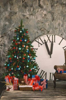 New Year's and Christmas interior with hours, gifts, with a chair, in red, blue, blue colours