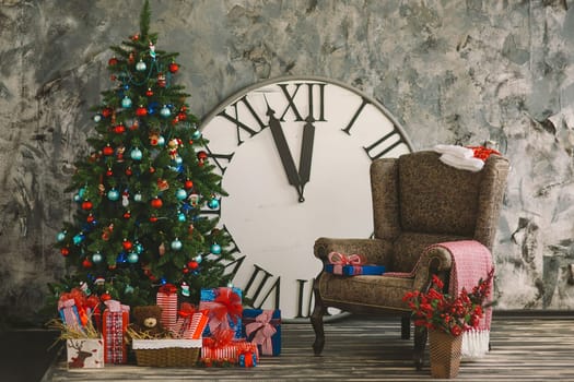 New Year's and Christmas interior with hours, gifts, with a chair, in red, blue, blue colours