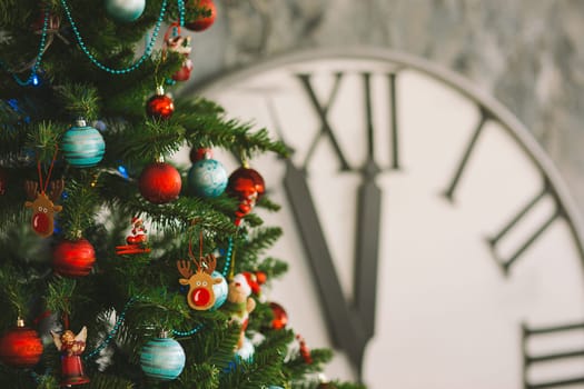 New Year's and Christmas interior with hours, gifts, in red, blue, blue colours