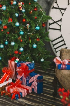 New Year's and Christmas interior with hours, gifts, with a chair, in red, blue, blue colours