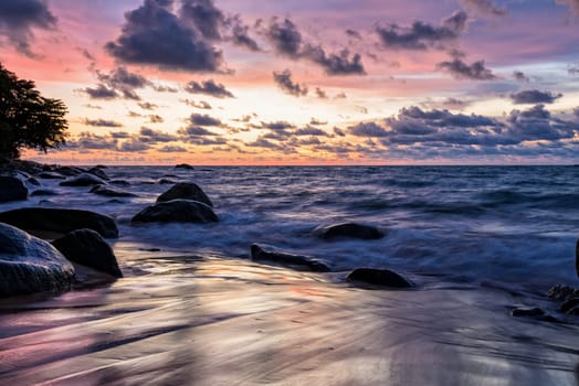 Beautiful landscape of sky and clouds above the sea during sunset at Khao Lak Beach in Khao Lak-Lam Ru National Park, Takuapa, Phang Nga province, Thailand