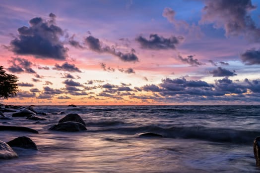 Beautiful landscape of sky and clouds above the sea during sunset at Khao Lak Beach in Khao Lak-Lam Ru National Park, Takuapa, Phang Nga province, Thailand