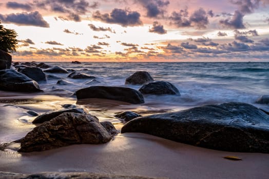 Beautiful landscape of sky and clouds above the sea during sunset at Khao Lak Beach in Khao Lak-Lam Ru National Park, Takuapa, Phang Nga province, Thailand