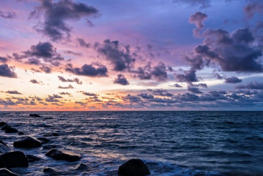 Beautiful landscape of sky and clouds above the sea during sunset at Khao Lak Beach in Khao Lak-Lam Ru National Park, Takuapa, Phang Nga province, Thailand