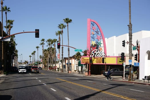 Oceanside,United States - December 25,2015: The Ocean Highway in Oceanside with traffic and a view of the cinema on December 25,2015 in Oceanside.