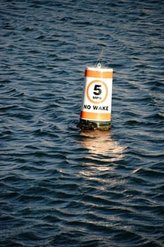 A signal buoy with a speed limit floats on abstractly curled water.