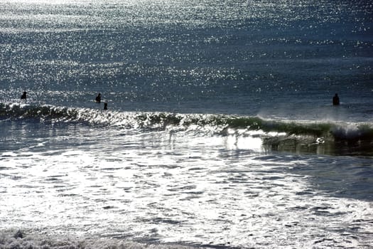 The silhouettes of surfers on the water in the backlight.