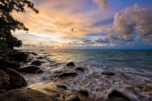 Beautiful landscape of sky and clouds above the sea during sunset at Khao Lak Beach in Khao Lak-Lam Ru National Park, Takuapa, Phang Nga province, Thailand