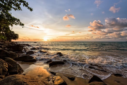 Beautiful landscape of sky and clouds above the sea during sunset at Khao Lak Beach in Khao Lak-Lam Ru National Park, Takuapa, Phang Nga province, Thailand