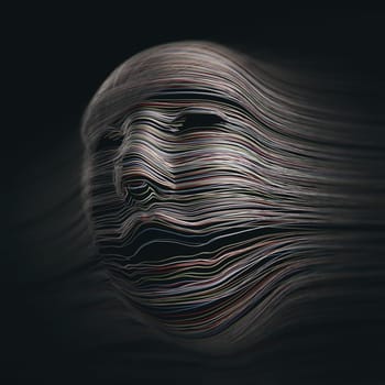 Colored lines covering an imaginary face with expression of pain and agony.