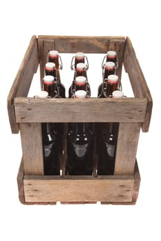 Old Beer Box with Beer Bottles Insulated On White