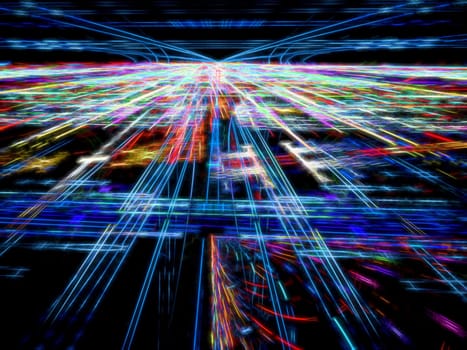Abstract digitally generated tecnology backdrop with randomly spaced straight lines, horizon, perspective and light effects