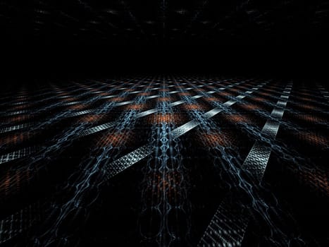 Abstract computer-generated image stretches to the horizon surface with a complex structure of intersecting cylinders