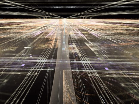 Abstract digitally generated tecnology backdrop with randomly spaced straight lines, horizon, perspective and light effects