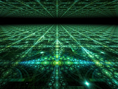 Abstract computer-generated green image lace pattern with perspective and horizon